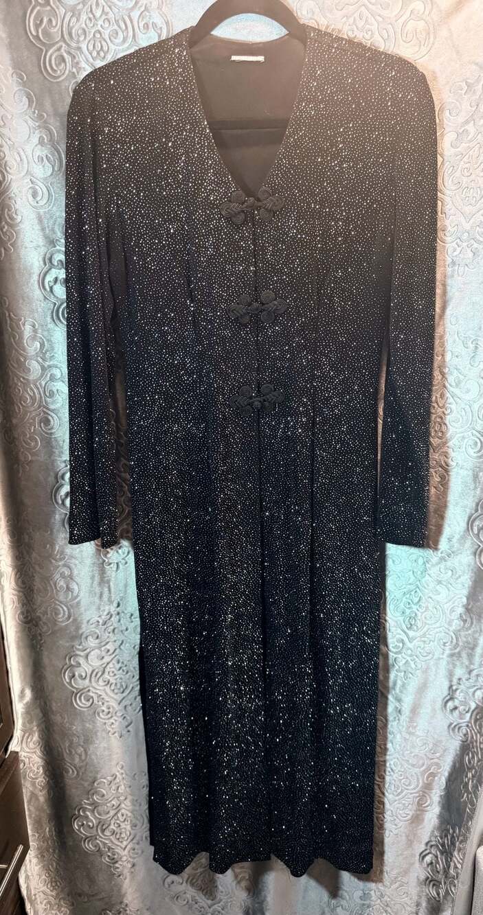 Vintage Night Way Black Sparkly Glitter Long Sleeve Gown with Frog Closures